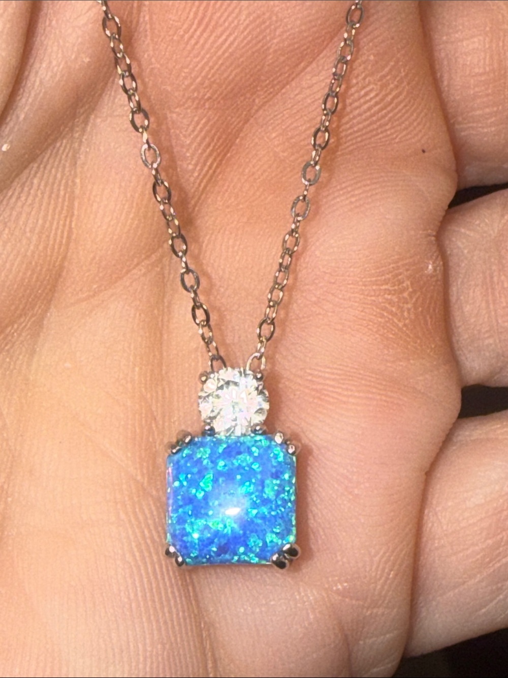 925 Sterling Silver Blue Starlight Opal Pendant Necklace MOISSANITE DIAMONDS